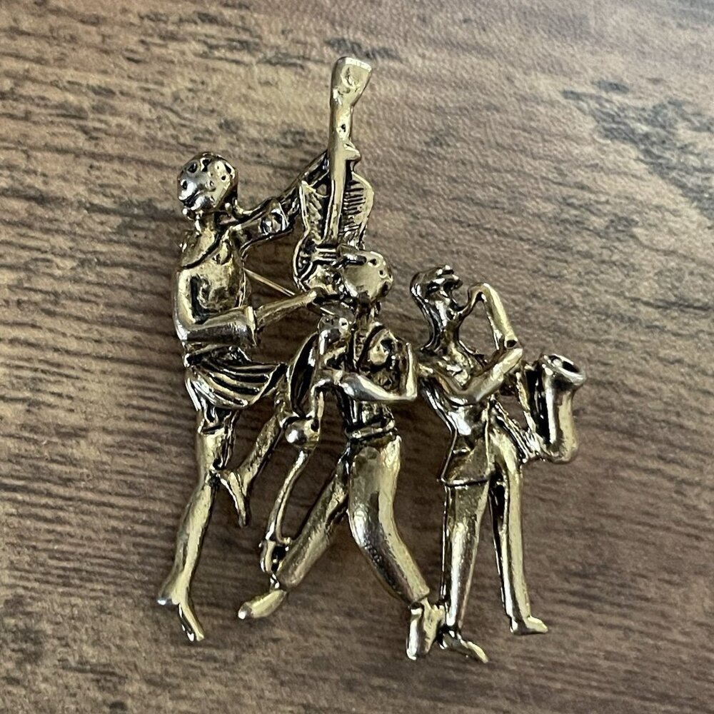 Vintage Jazz Band Motown Musicians Brooch Gold Tone Figural Pin Music Festival